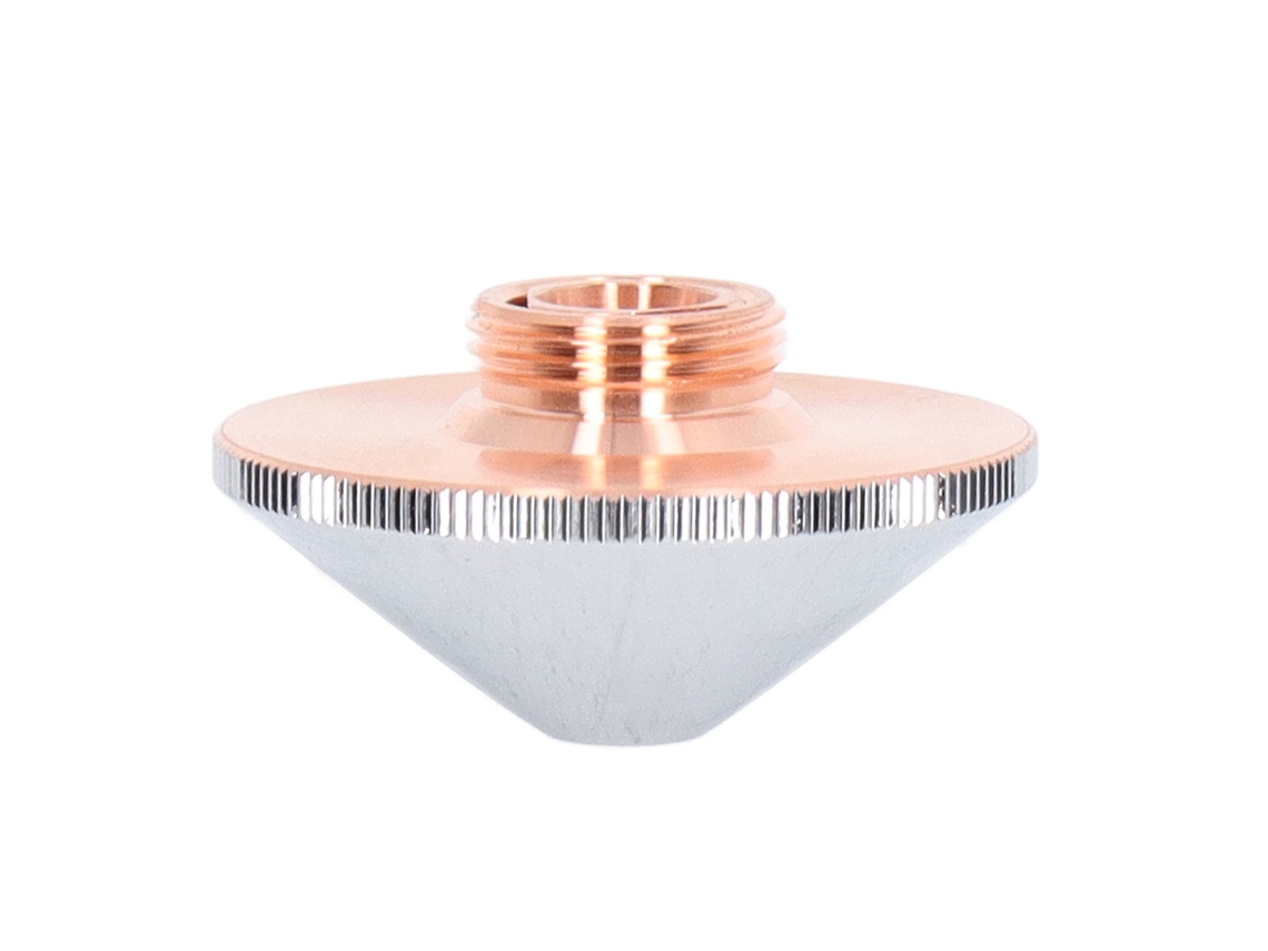 Cabeçote de corte a laser com bocal duplo de fibra óptica em cobre cromado e abertura de 1,4 mm/0,055 pol.