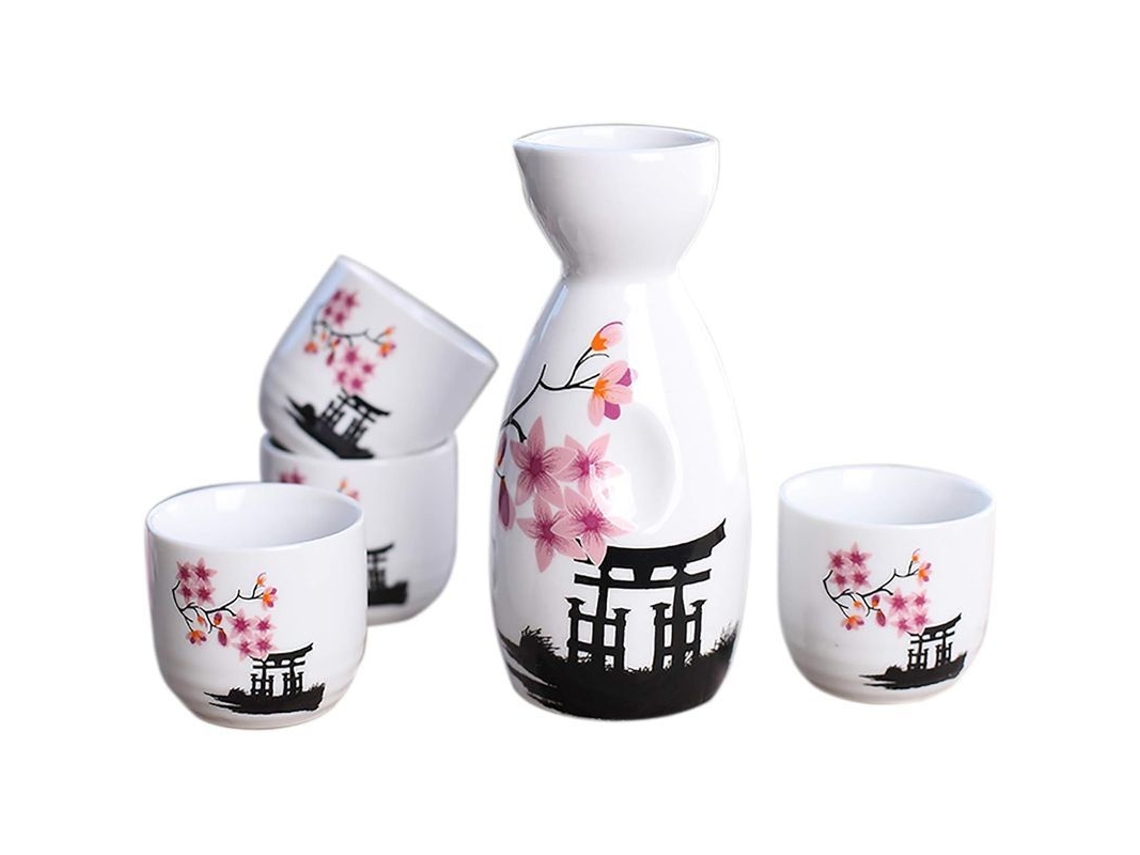 Conjunto De Sake Japonês Tradicional De 5 Peças: 1 Decantador E 4 Copos De Porcelana Com Flores Rosa