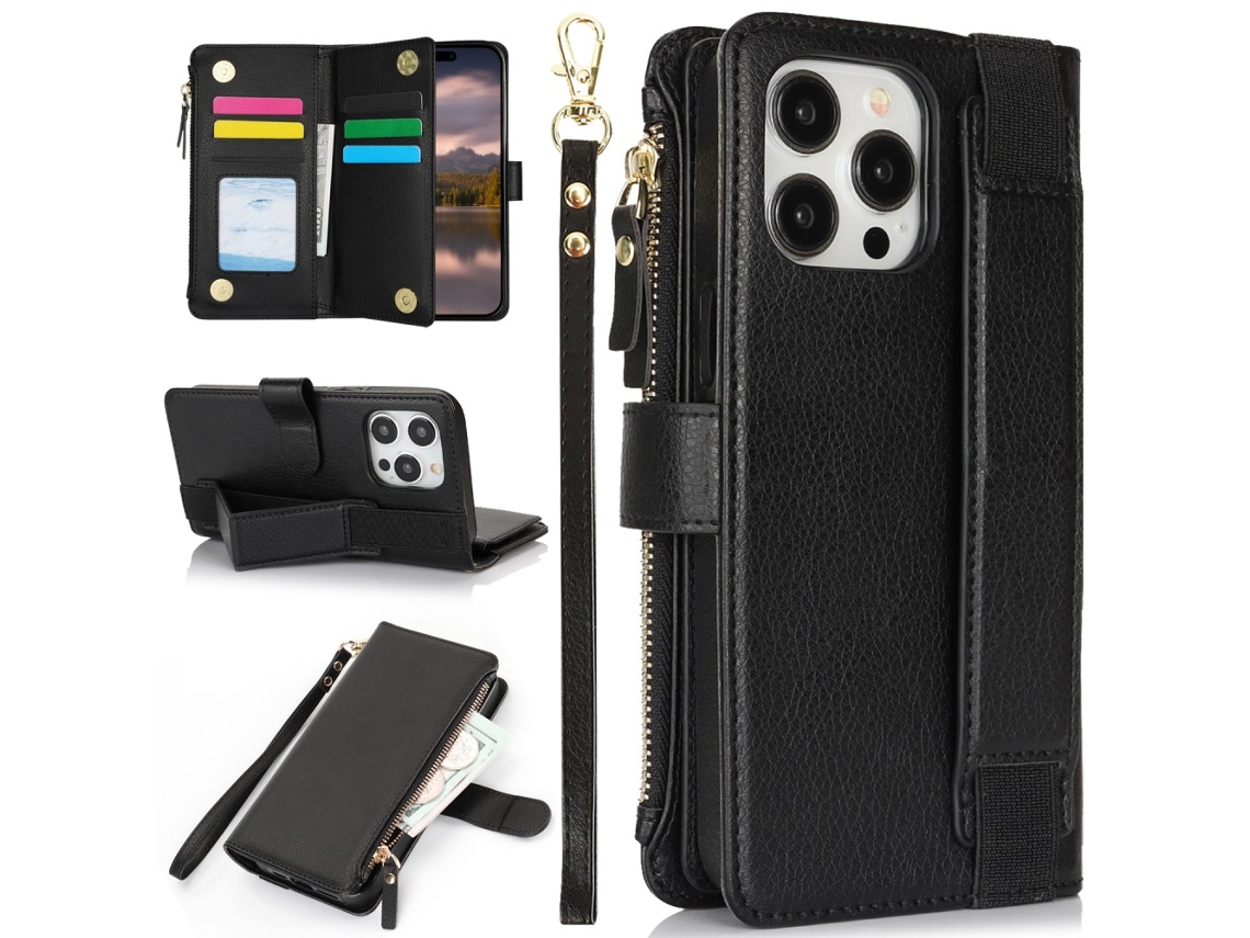 Capa Em Couro Pu, Com Suporte Para Apple Iphone 16 Pro - Cor Preto