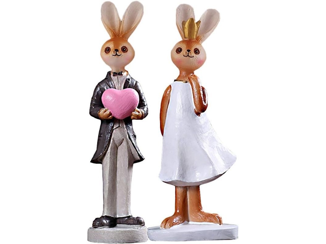 Estátua de Coelhos Casal Pequena 5.5 Polegadas Gravada Pintada À Mão para Interiores