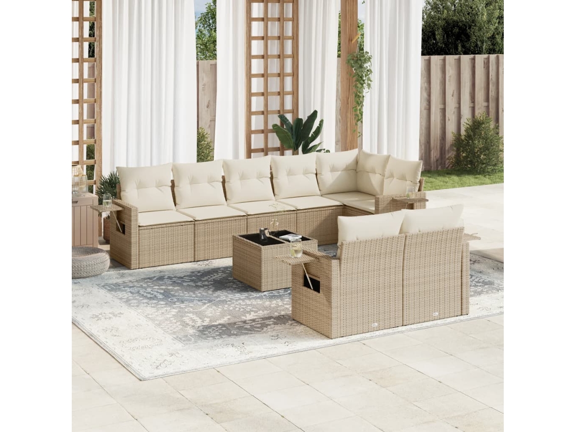 Vidaxl 9 Pcs Conjunto De Sofás P/ Jardim Com Almofadões Vime Pe Bege