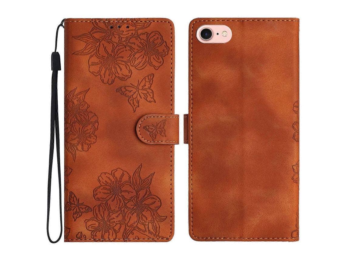 Capa De Couro Com Estampa De Borboleta E Flor Para Iphone 16e - Marrom