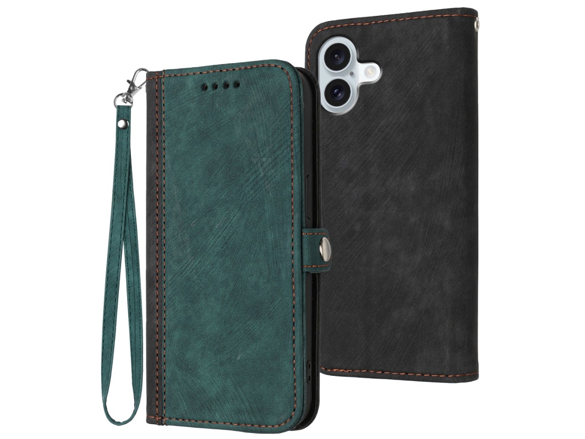 Capa Em Couro Pu Com Pega Para Apple Iphone 16 - Verde Escuro