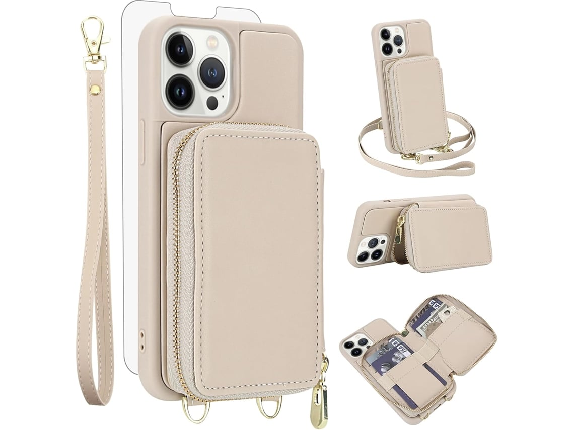 Capa Carteira Para Celular Em Couro Pu+tpu Com Protetor De Tela Para Iphone 12 / 12 Pro (6,1 Polegadas) - Bege