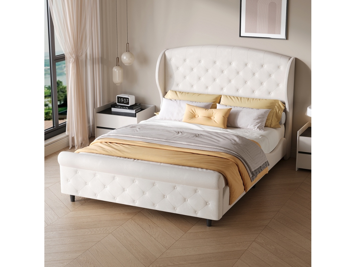 Cama Estofada 140x200cm Estilo Trenó, Cabeceira Curva, Estrado Incluso, Creme, para Jovens e Adultos BURSDANY