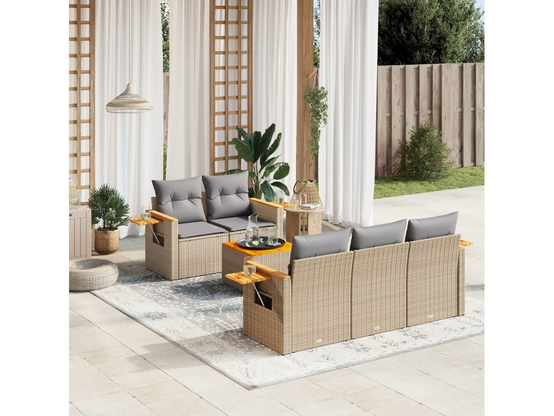Vidaxl 6 Pcs Conjunto De Sofás P/ Jardim Com Almofadões Vime Pe Bege