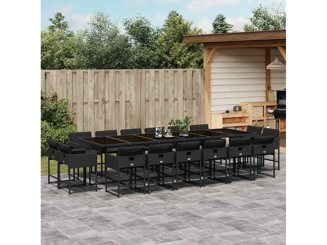 Vidaxl 17 Pcs Conjunto de Jantar P/ Jardim C/ Almofadões Vime Pe Preto