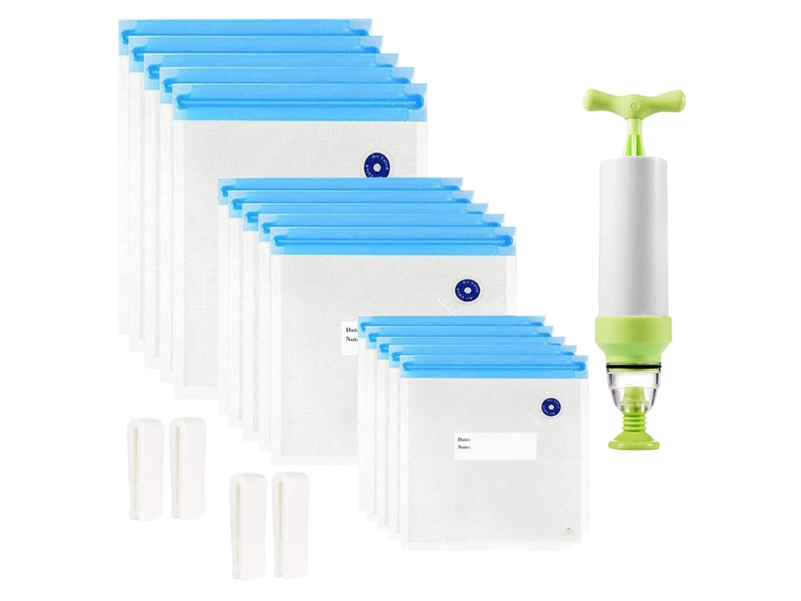 Sacos 20 armazenamento elétrico reutilizável de alimentos a vácuo economizador fogão selado com saco selado de 3 tamanhos 1 bomba manual 4 clipes