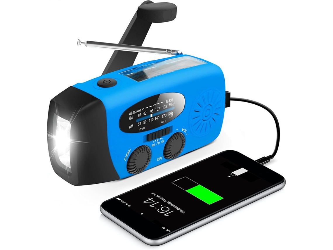 Rádio de Manivela com Células Solares, Lanterna Led e Bateria Externa de 2000mah com Função Sos, Azul AQUAFORGE