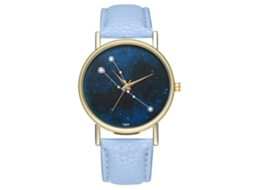 Relógio de casal com a constelação de Touro, pulseira de couro azul claro, movimento de quartzo unissex.