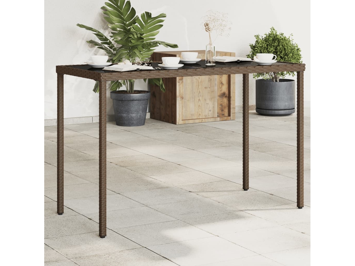 Vidaxl Mesa De Jardim Com Tampo De Vidro 115x54x74 Cm Vime Pe Castanho