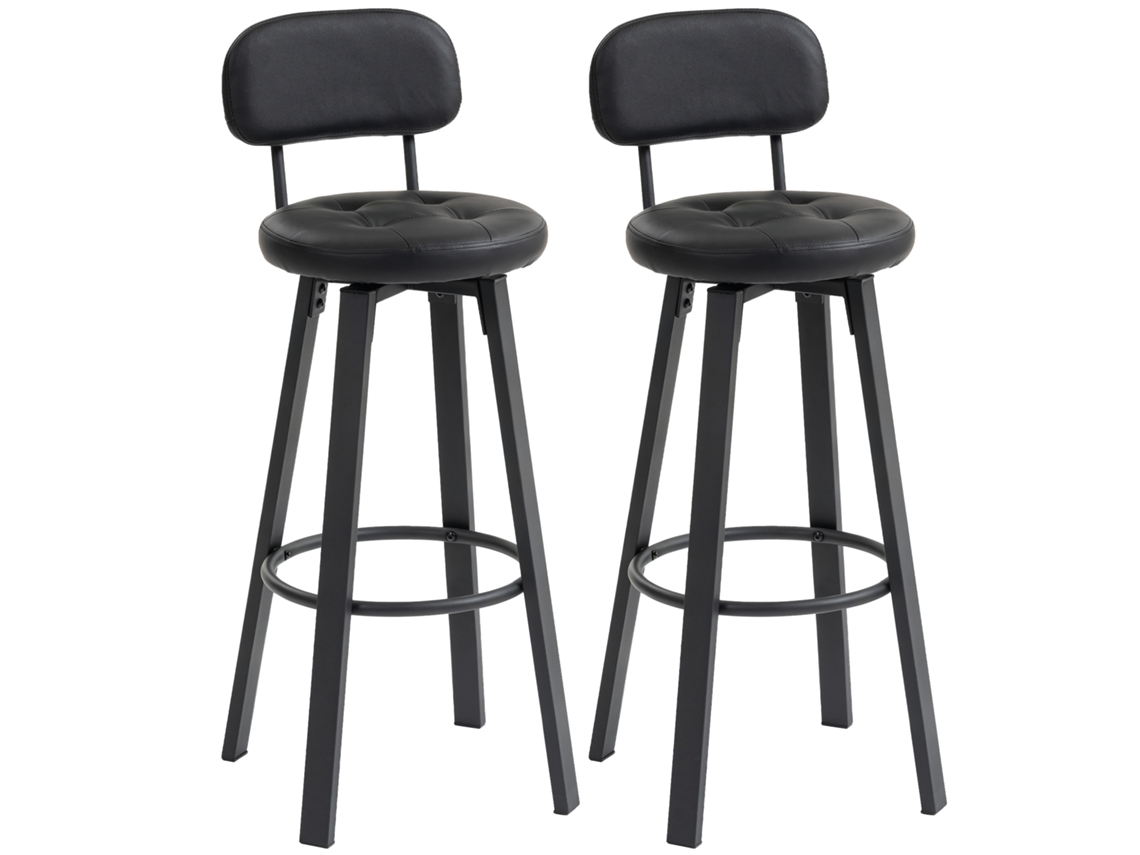 2 Peças de Banquetas de Bar revestimento em couro sintético assento estofado apoio para os pés estrutura metálica preto BTFORUS
