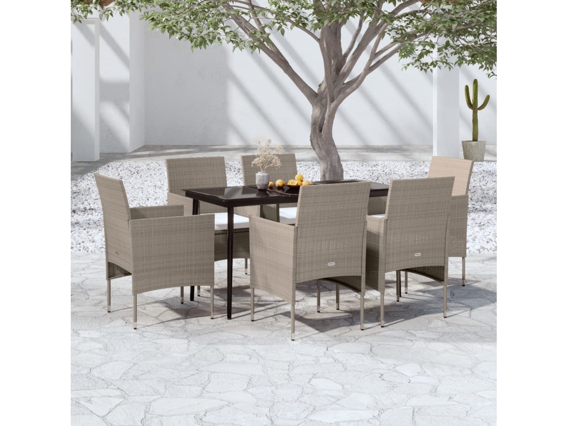 Vidaxl 7 Pcs Conjunto De Jantar P/ Jardim C/ Almofadões Bege E Preto