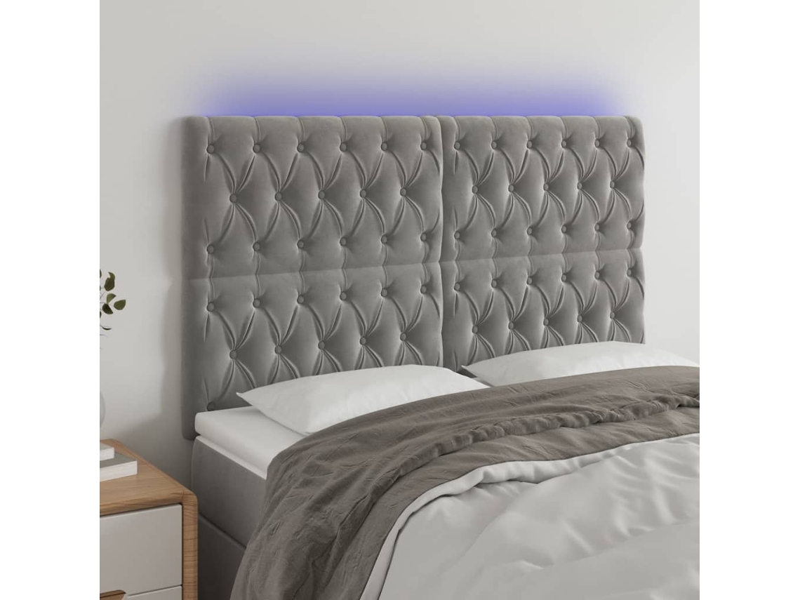 Vidaxl Cabeceira Cama C/ Luzes Led Veludo 144x7x118/128cm Cinza-claro