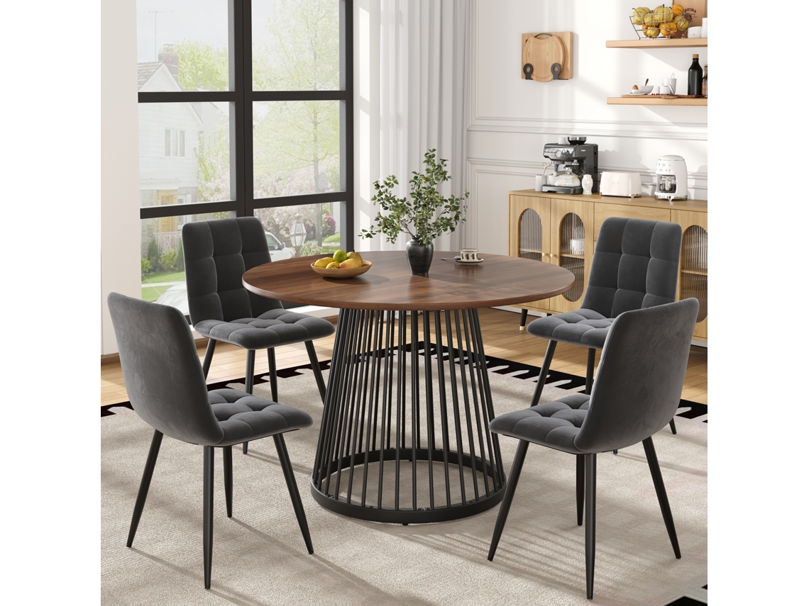 Conjunto Jantar 5pç, Mesa Redonda 100cm Branca + 4 Cadeiras Veludo Verde, Pernas Douradas.-qq