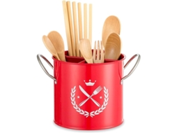Porta Utensílios De Cozinha Grande Com Tampa, Asa De Aço Inoxidável E Grade De Drenagem, Vermelho