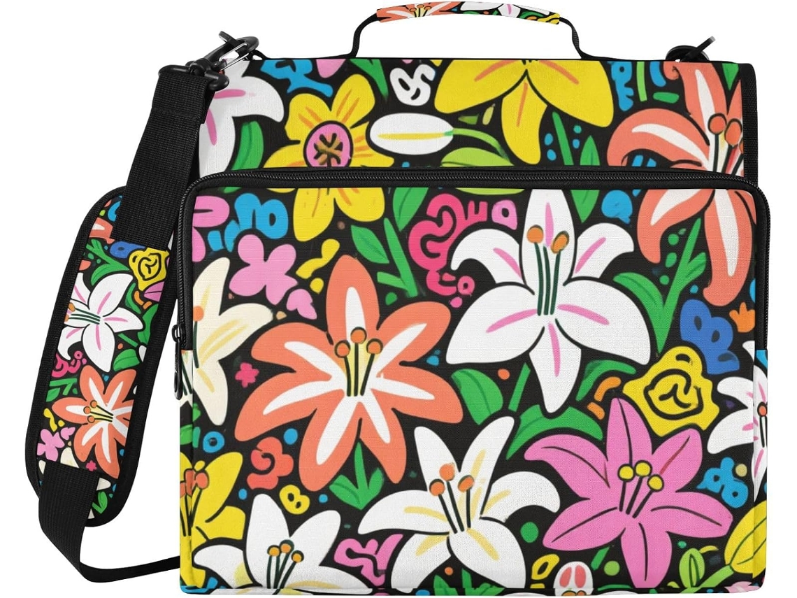 Organizador De Fichário 3 Argolas Doodle Lily Com Alça E Ombro Removível, Vários Bolsos, Organizador Escolar Adequado