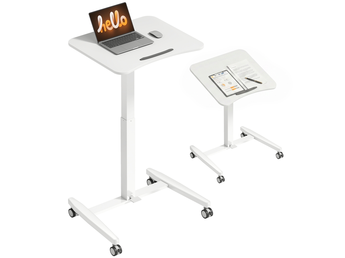 Mesas Ajustáveis Em Altura, Mesa Com Superfície Inclinável, Limitador De Segurança, Rodas, Branco