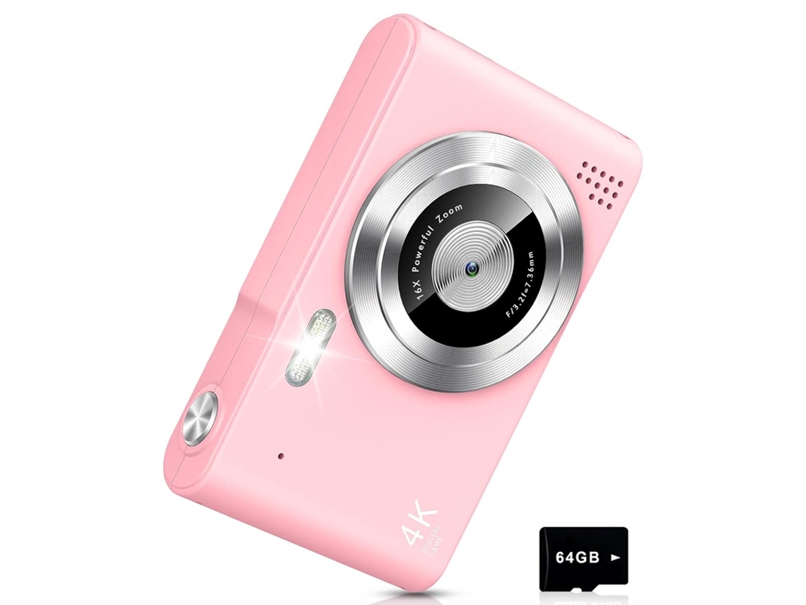Câmera Digital Infantil 4k De 48mp Com Luz De Preenchimento E Cartão De 64gb (rosa)