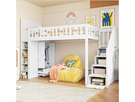 Cama Alta Multifuncional Escada Armazenamento Prateleiras Espaço Livre Pangshiyaun Branco (150x287x95cm)
