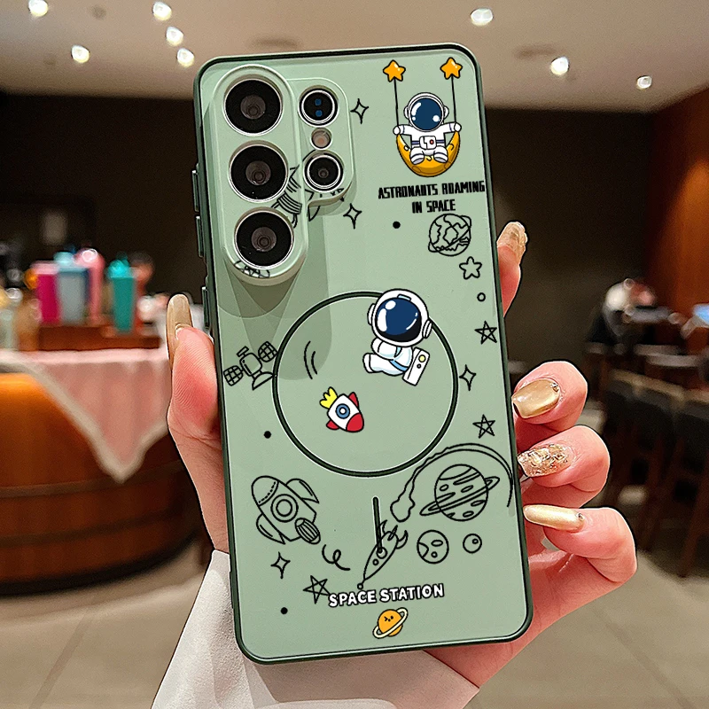 Capa Magnética Para Celular Galaxy A36 Com Estampa Floral De Astronauta (verde)