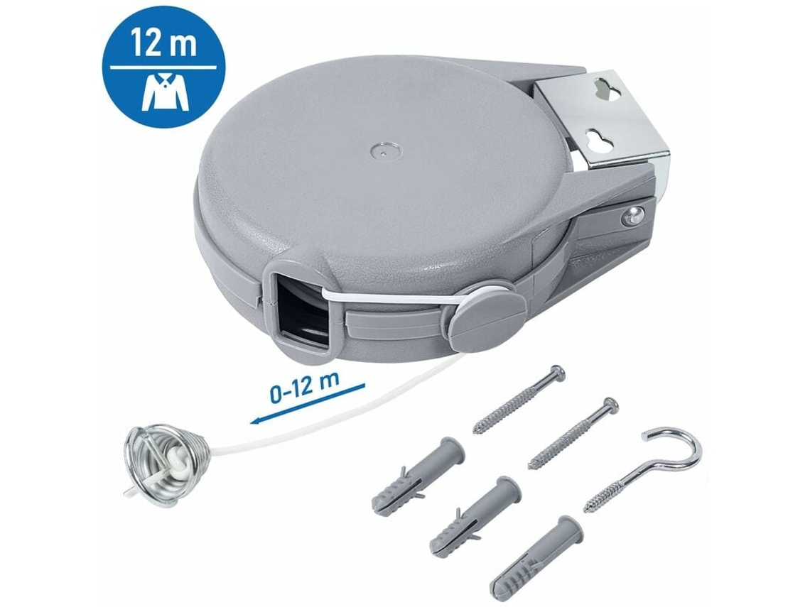 Varal retrátil de 12m de comprimento, muito robusto e resistente, mecanismo retrátil automático, fácil instalação Slowmoose