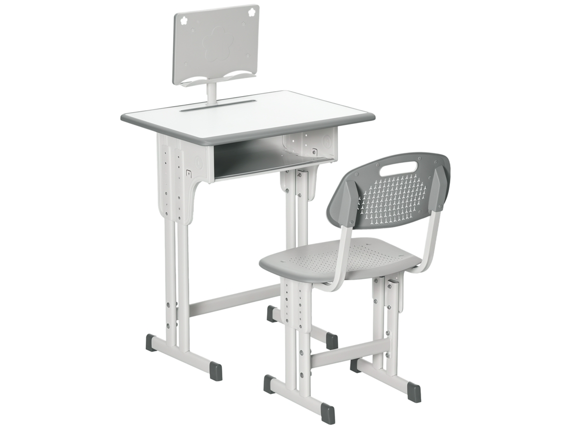 Mesa Escolar com Cadeira Ajustável em Altura e Luminária para Crianças de 6 a 12 Anos, em Aço e Mdf, Cinza. CHEZMOI