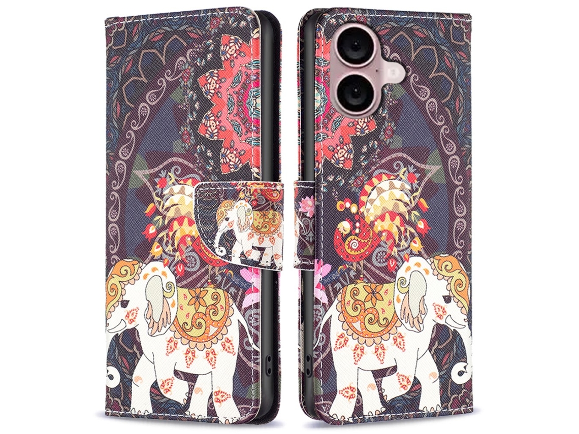 Capa Em Couro Pu Para Apple Iphone 16 - Flor E Elefante
