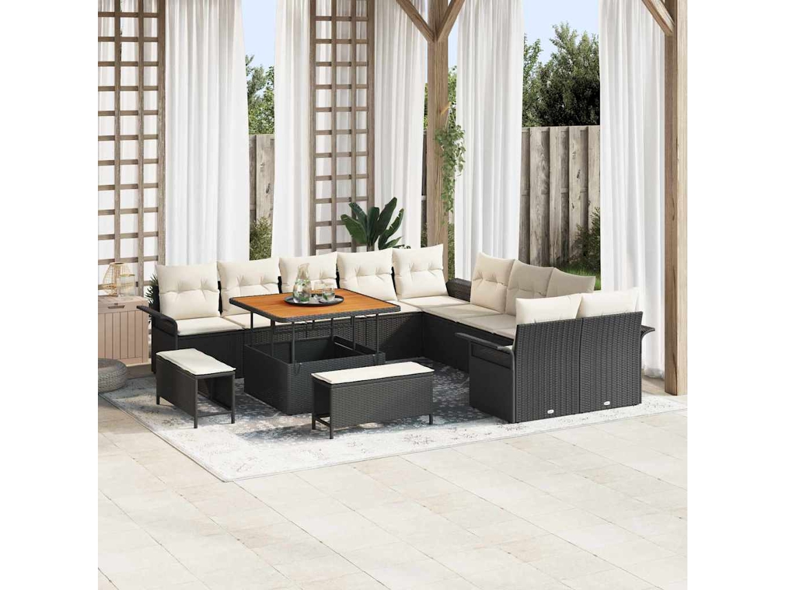 Vidaxl Conjunto de Sofá de Jardim com Almofada 13 Pcs Preto Vime Pe