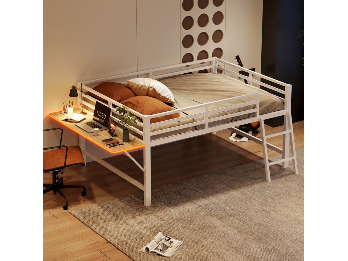 Mezanino 140x200cm com estrutura metálica, led ambiente, escada, guarda corpo, escrivaninha integrada branco KOMHTOM
