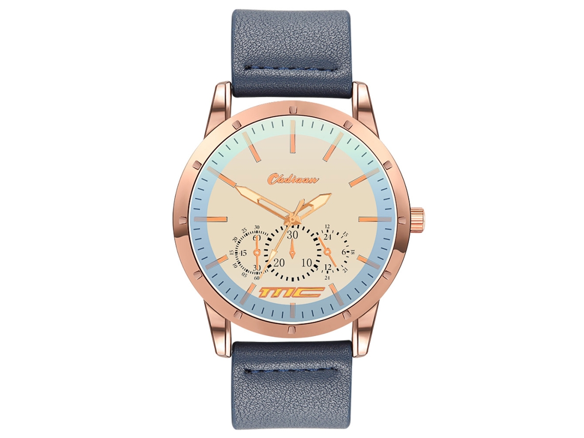 Relógio Masculino de Moda com Pulseira de Couro Pu e Mostrador de Três Olhos (ouro Rosa Azul)