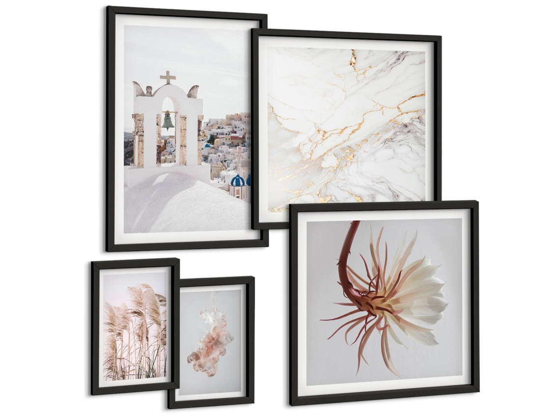 Galeria De Pinturas Murais Padrões De Plantas, Flores E Folhas Moldura Preta Quadros Para O Escritório Espelharte (conjunto De 5 Imagens)