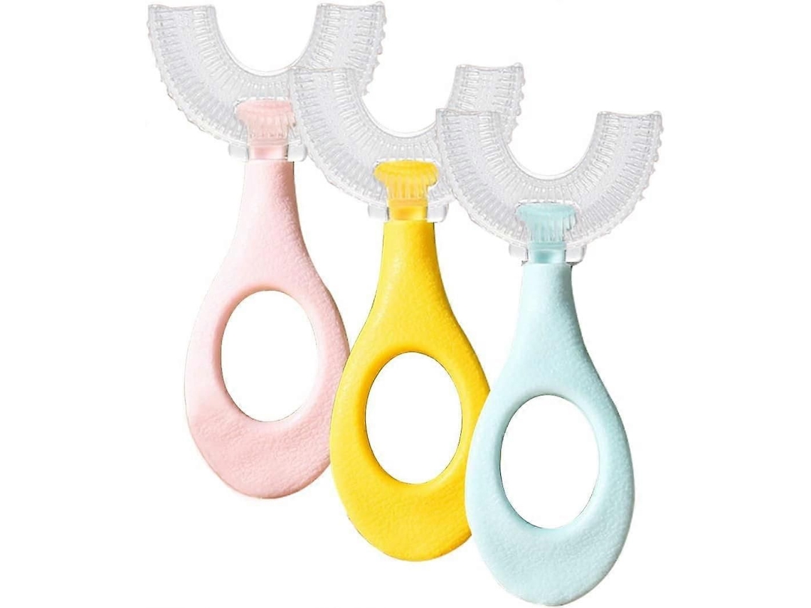 Kit com 3 Escovas de Dentes Infantis em Formato U Cabeça Silicone, Escova Manual Ro Tação 360°, Ideal P GOKOCO