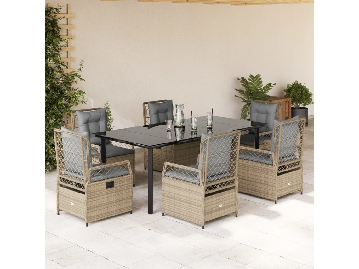 Vidaxl 7 Pcs Conjunto De Jantar P/ Jardim Com Almofadões Vime Pe Bege