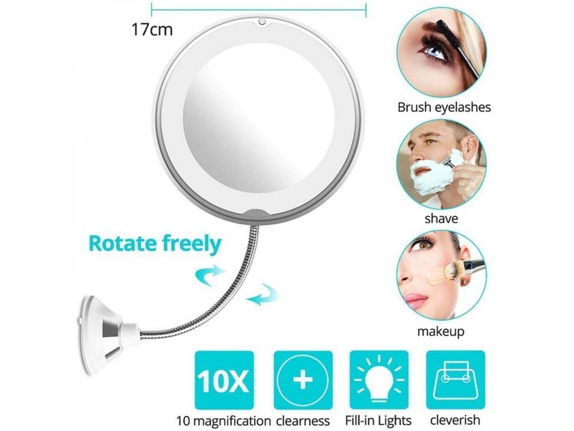 Espelho de Maquiagem Led com 10x Lupa Giratório 360° Sucção Plegável Ferramenta Cosmética