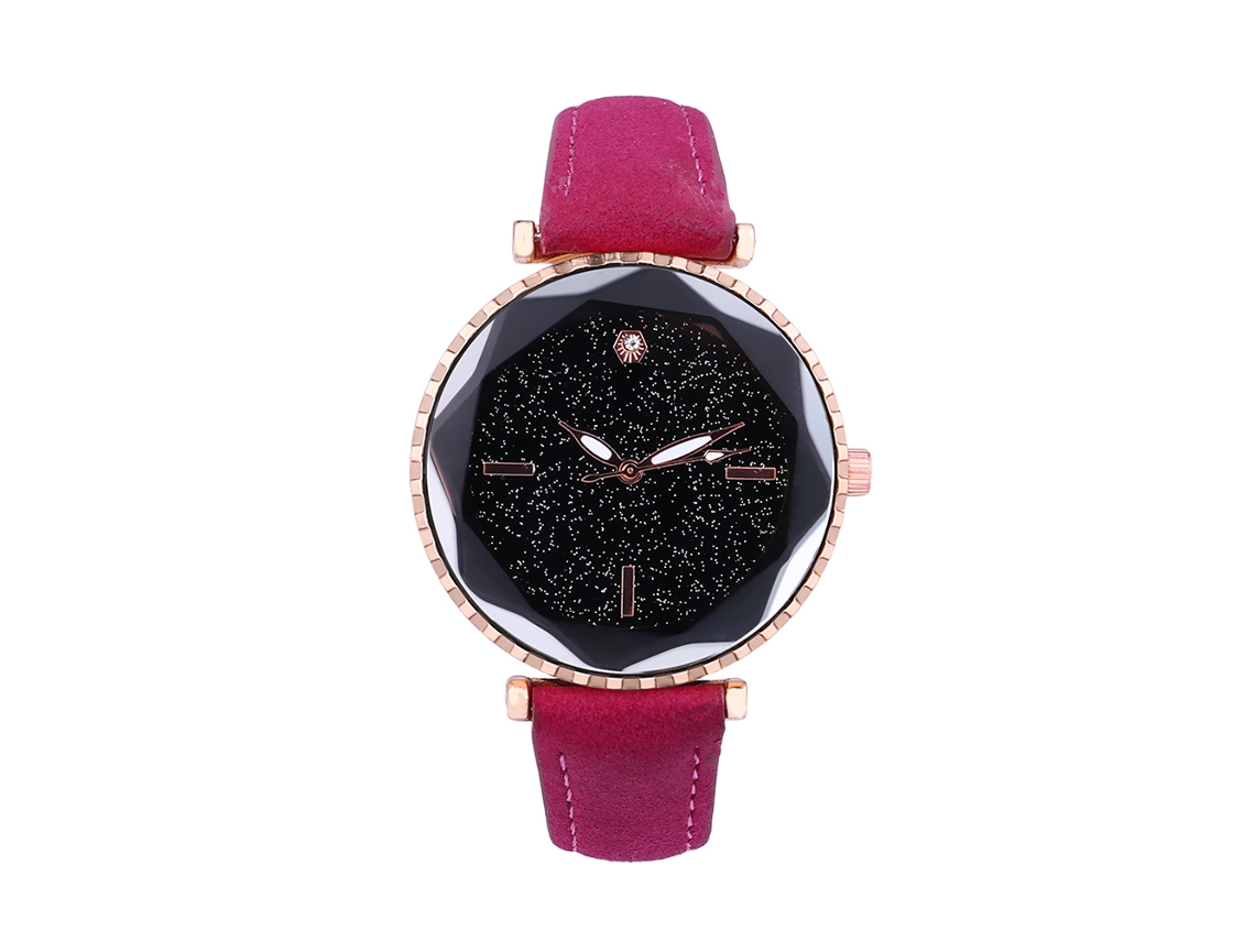 Relógio de quartzo unissex com mostrador redondo, elegante e casual, nas cores rosa e vermelho.