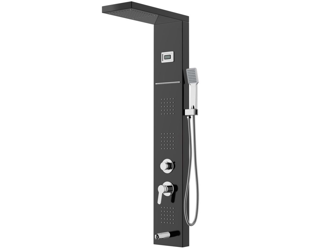 Coluna De Duche Multifunção Hidromassagem Preta, Visor Led De Temperatura, Misturador 5 Modos: Chuva, Cascata, Massagem, Saída Para Banheira E Duche