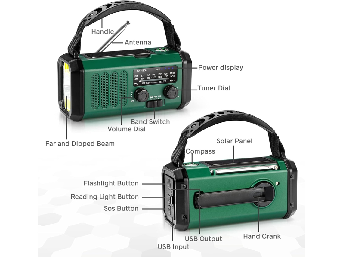 Rádio AM/FM de Emergência, Manivela, Solar, Lanterna Led, Verde AQUAFORGE
