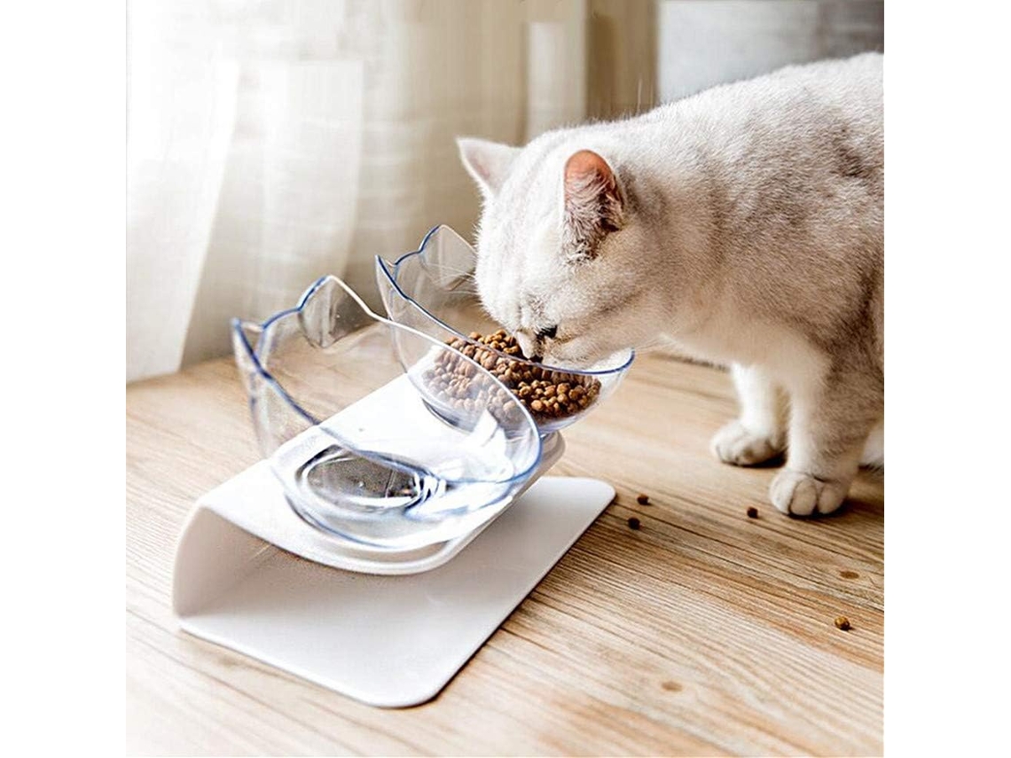 Tigelas de Alimentação Elevadas a 15° para Gatos com Tapete de Silicone, Duplas de Plástico Transparente com Suporte AQUAFORGE
