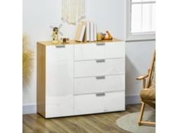 Aparador De Sala Estar Com 4 Gavetas Alto Brilho Porta E Prateleiras Ajustáveis 105x35x92 Cm Branco E Madeira