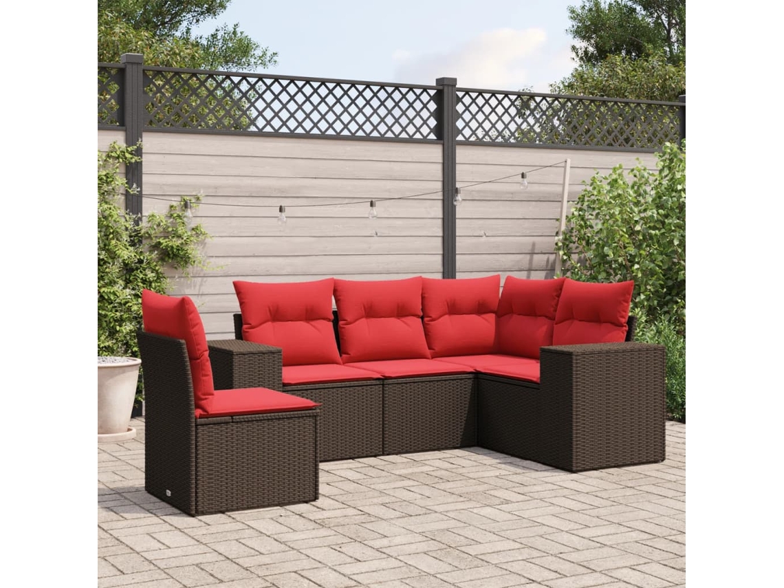 Vidaxl Conjunto De Sofá De Jardim De 5 Peças Com Almofadas Em Rattan Sintético Marrom