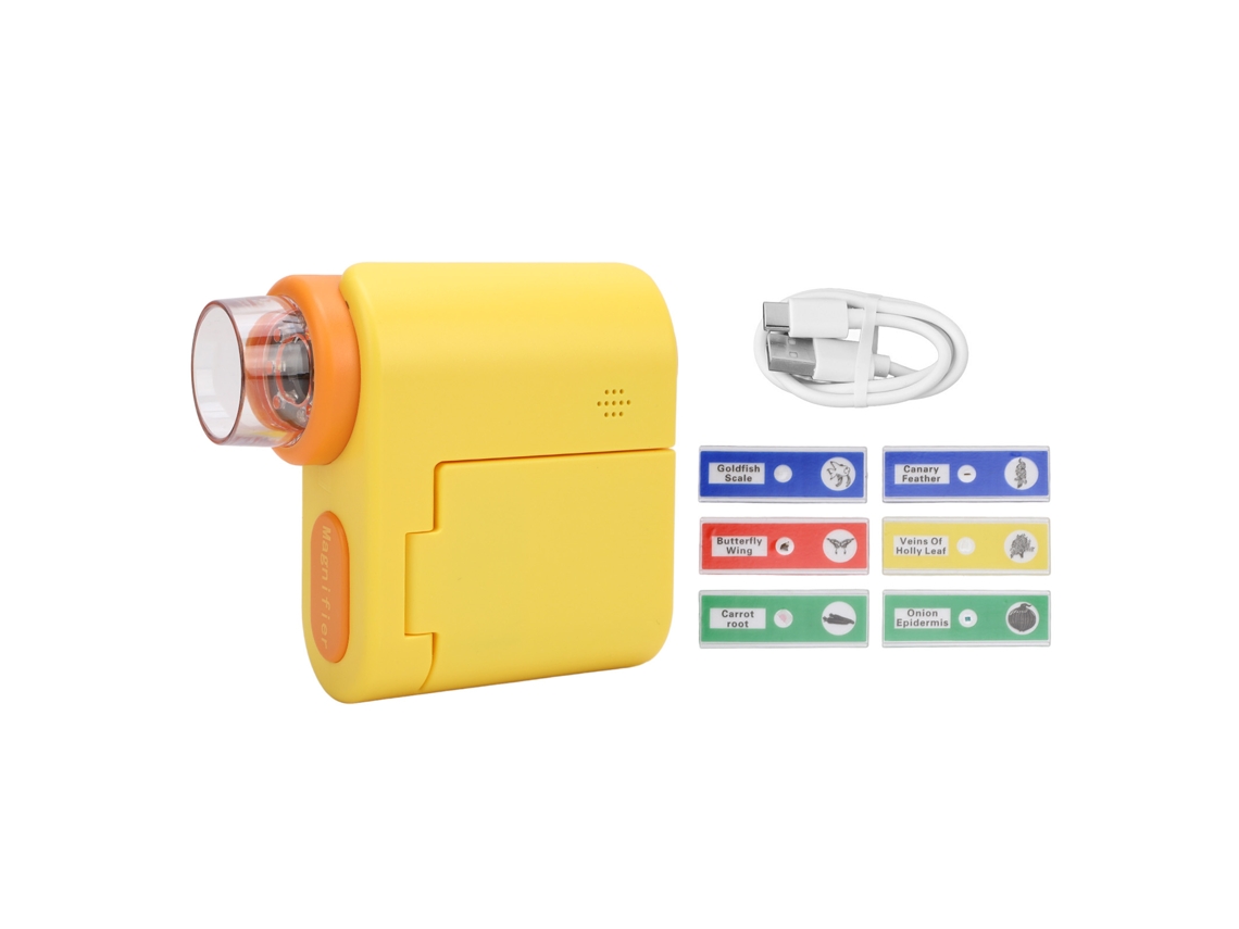 Microscópio portátil infantil com tela IPS de 2 polegadas, câmera de vídeo, monocular, telescópio, 3 modos de operação, carregamento tipo C, mini microscópio portátil amarelo.