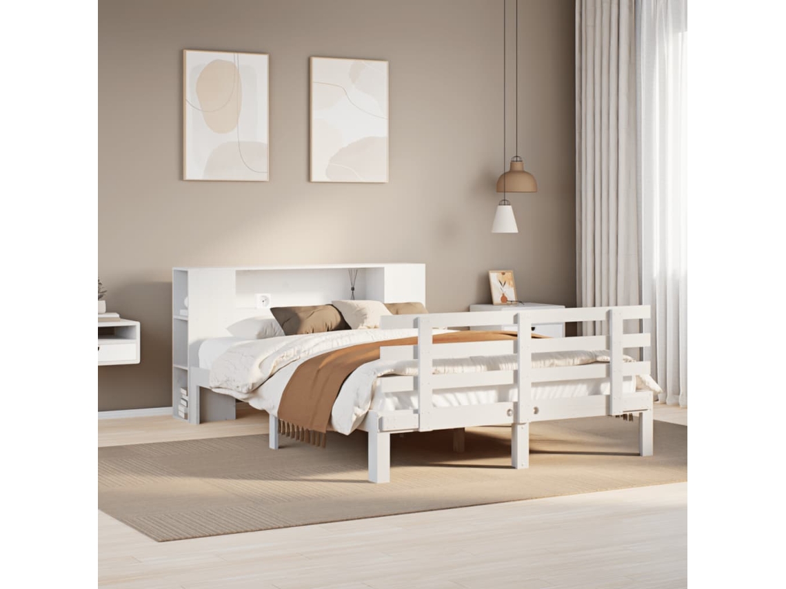 Vidaxl Cama Com Estante Sem Colchão 140x200 Cm Pinho Maciço Branco