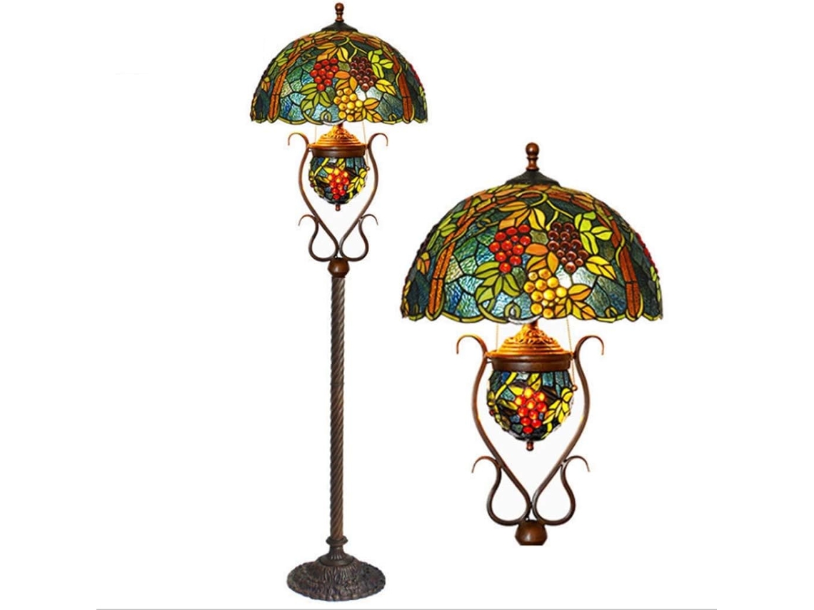 Luminária De Chão Estilo Tiffany Vintage Com Cúpula Vitral Motivos Pastorais Uvas, 3 Lâmpadas, 165cm De Altura, Soquetes