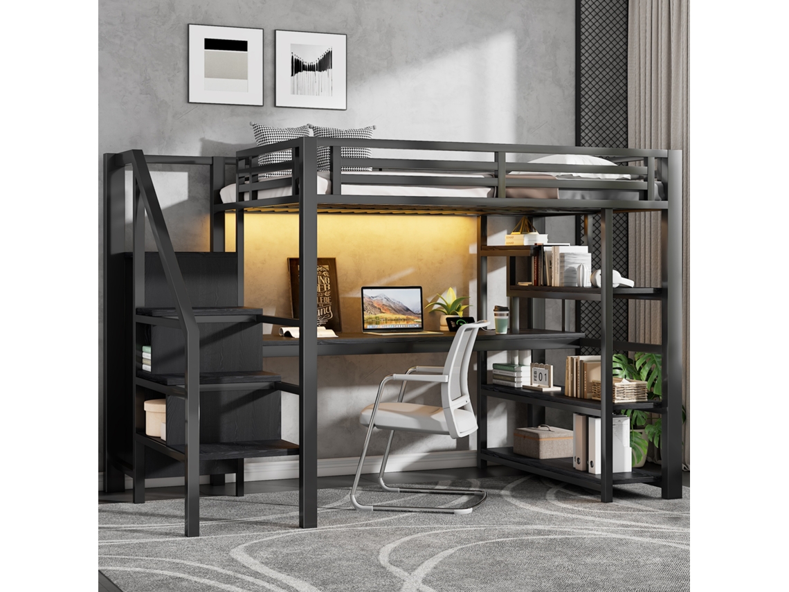 Cama Alta 140x200cm Com Escada Armário Mesa Usb Led Preto
