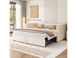 Cama Estofada Bege Com Sofá-cama Retrátil 90/180x200 Cm E Ripas, Multifuncional Em Veludo