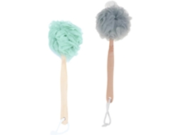 Conjunto de 2 esponjas de banho verdes com cabo longo em nylon e madeira, design ergonômico.