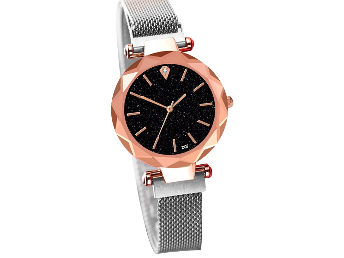 Relógio de Pulso Feminino de Quartzo com Mostrador Estrelado e Cinto de Aço Prata Casual Elegante