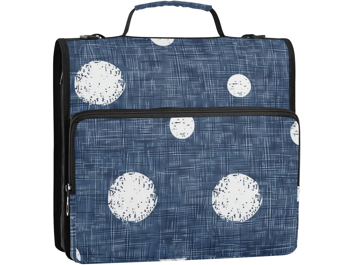 Bolsa Organizadora Redonda com Bolinhas Brancas Sobre Fundo Azul Jeans, 3 Argolas, Fechamento Zíper e Alça, Gr