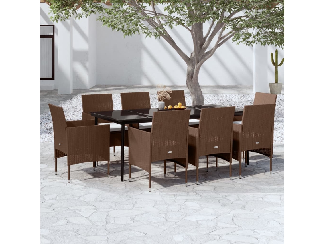 Vidaxl 9 Pcs Conjunto De Jantar P/ Jardim C/ Almofadões Castanho/preto